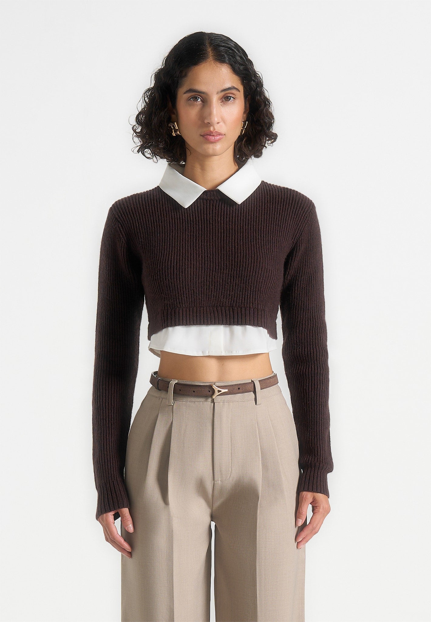 Flavie - Knitted Jumper With Shirt Detail - Brown 