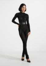 Tiana - Pointelle Knit Long Sleeve Jumpsuit with Belt - Black
