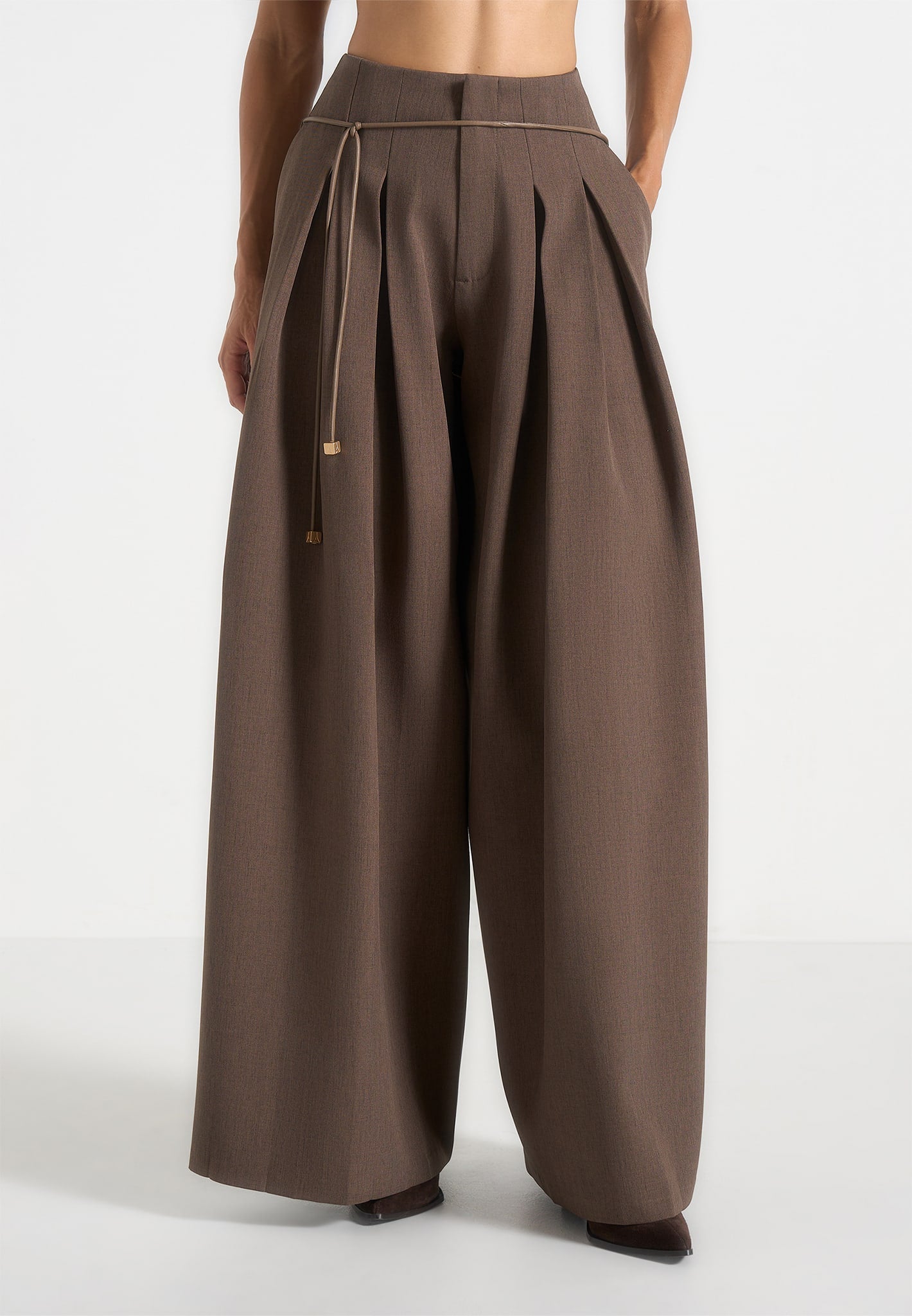 flora-box-pleat-wide-leg-belted-trousers-brown