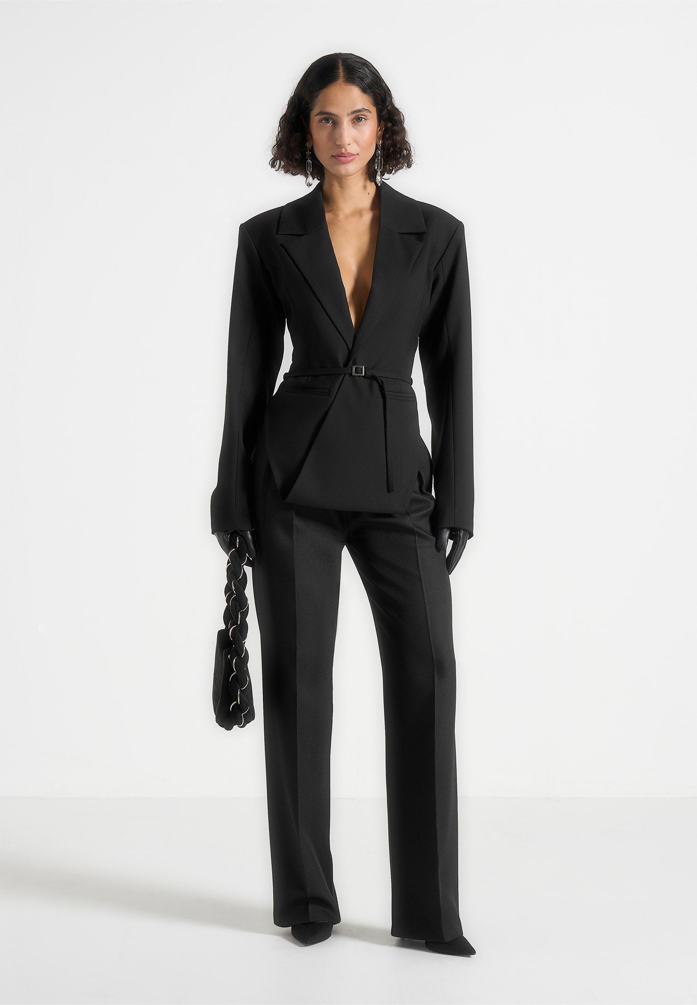 Yuna - Plunge Tailored Blazer With Belt - Black 