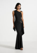 Rania - Asymmetric Draped Midaxi Dress - Black