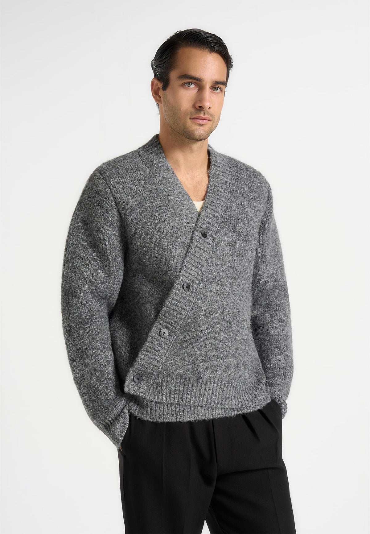 Dani - Unisex Asymmetric Brushed Knit Cardigan - Grey