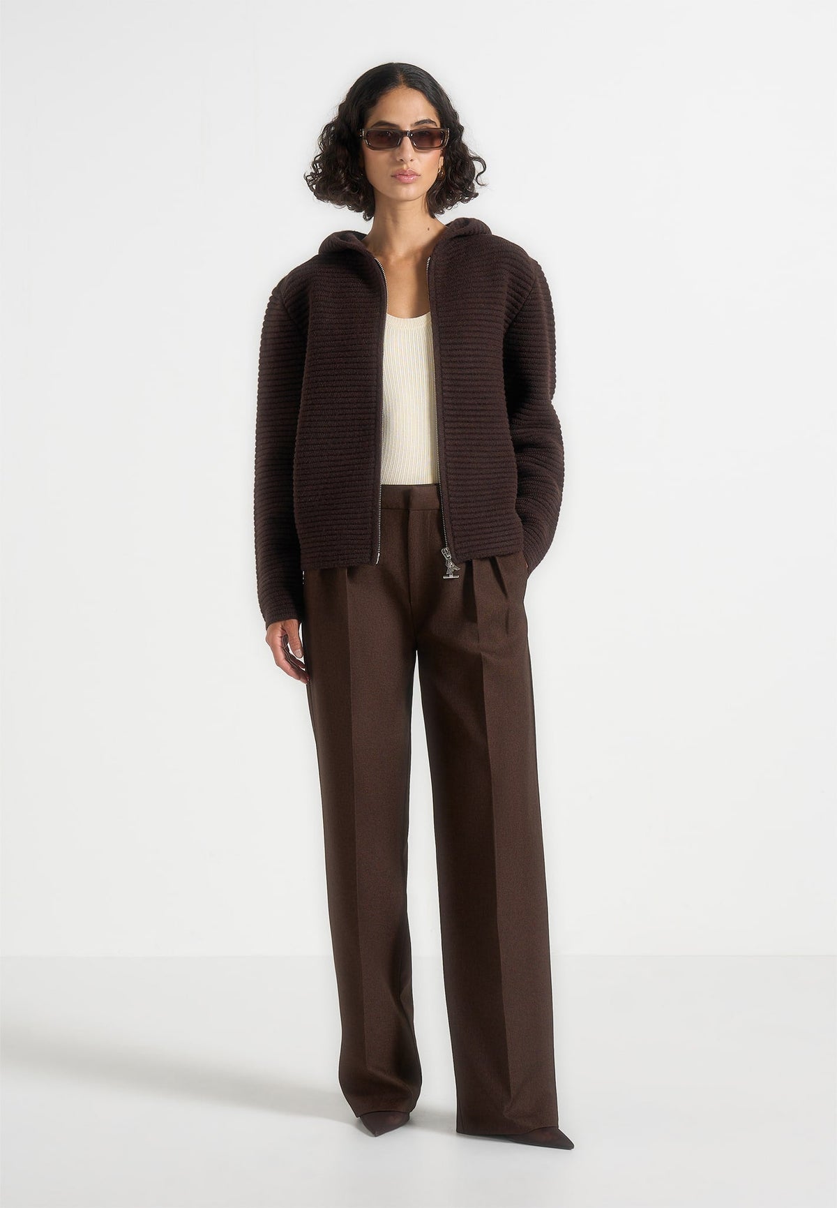 Eden - Unisex Ribbed Knit Zip Up Hoodie - Brown