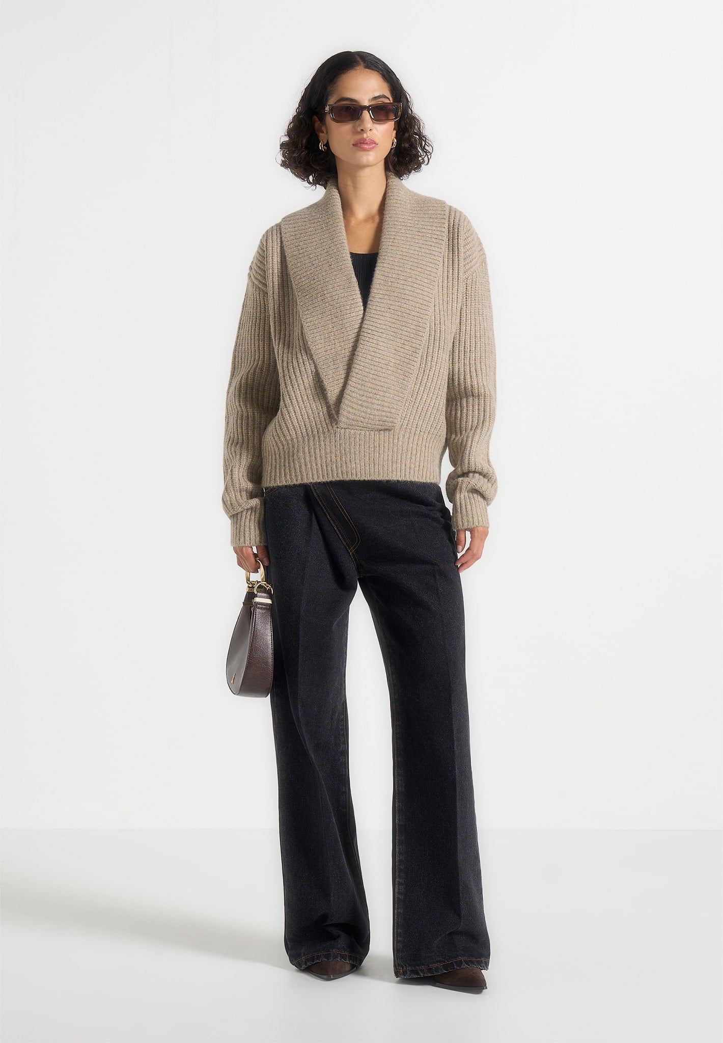 Azra - Plunge Knit Jumper - Taupe 