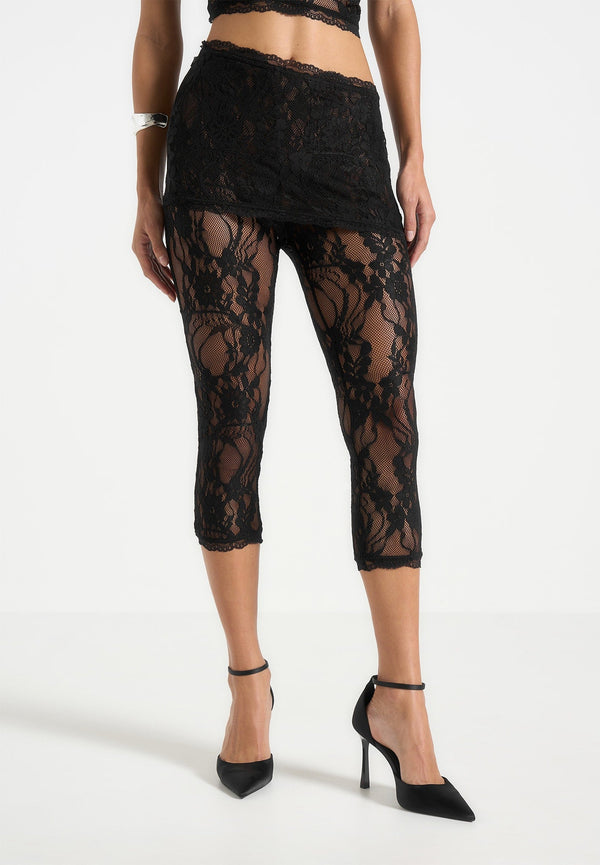 Aimée - Lace Asymmetric Capri Leggings - Black