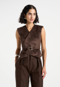 Jeanne - Suede Wrap Waistcoat with Belt - Brown