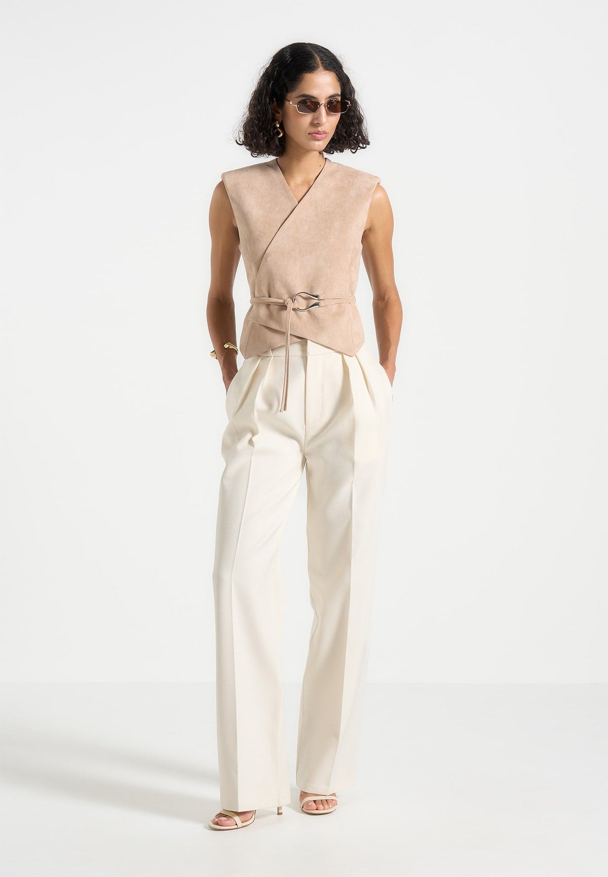Jeanne - Suede Wrap Waistcoat with Belt - Beige