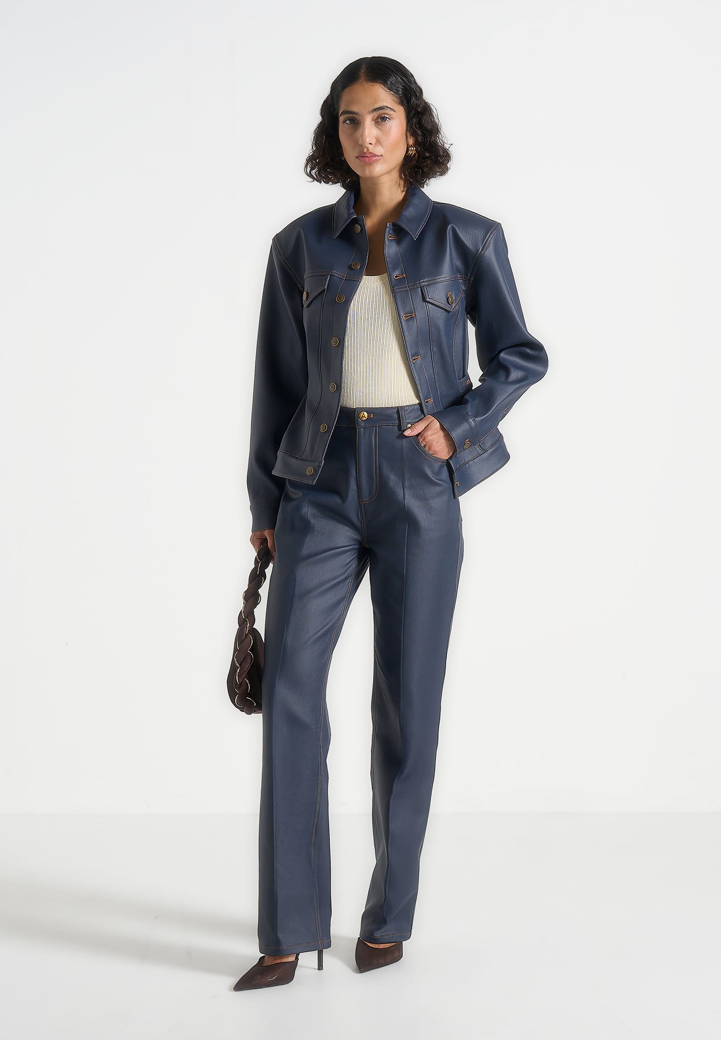 Karla - Wax Effect Cinch Waist Jacket - Indigo 
