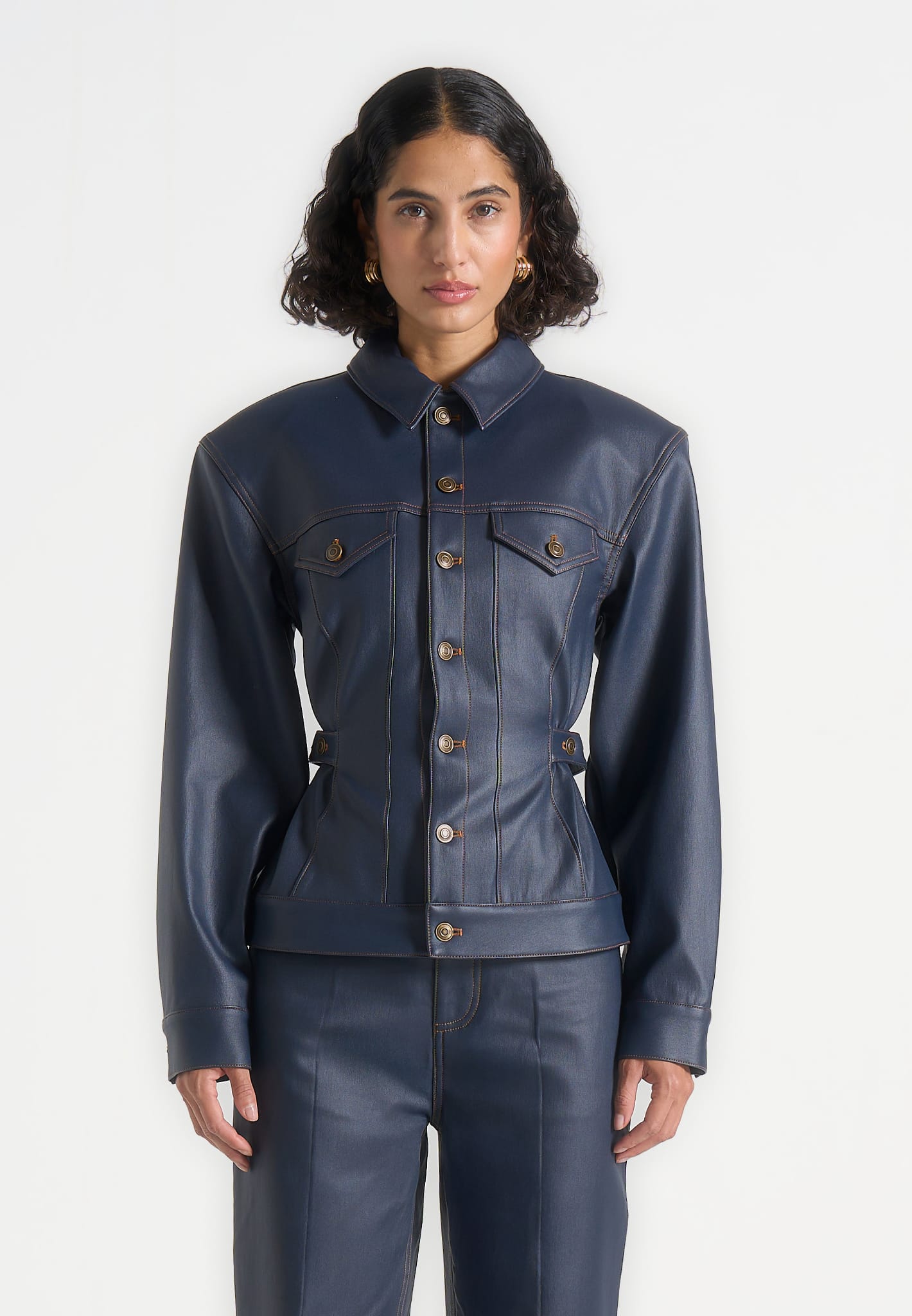 Karla - Wax Effect Cinch Waist Jacket - Indigo 