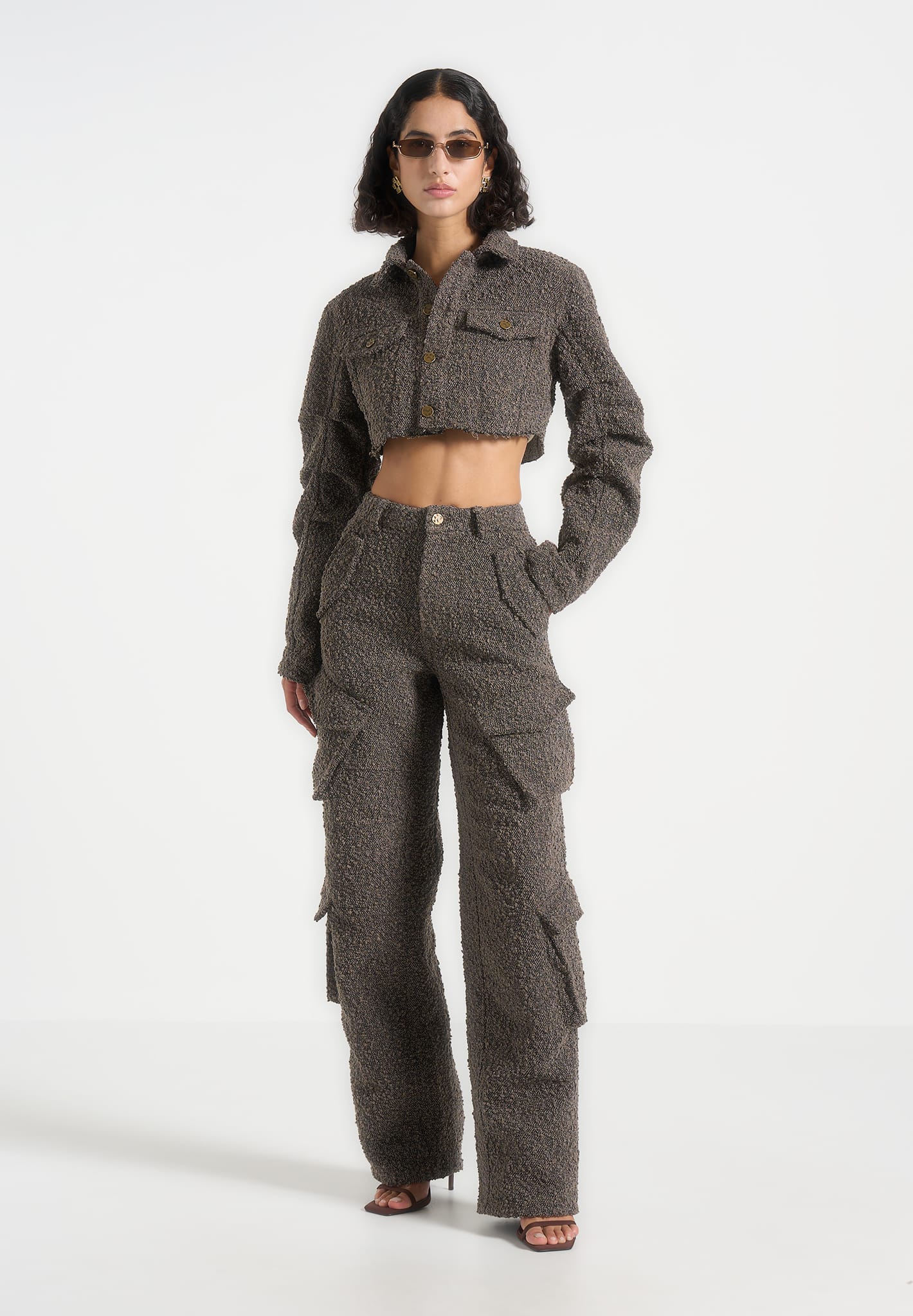 Catherine - Cropped Boucle Denim Jacket - Brown 