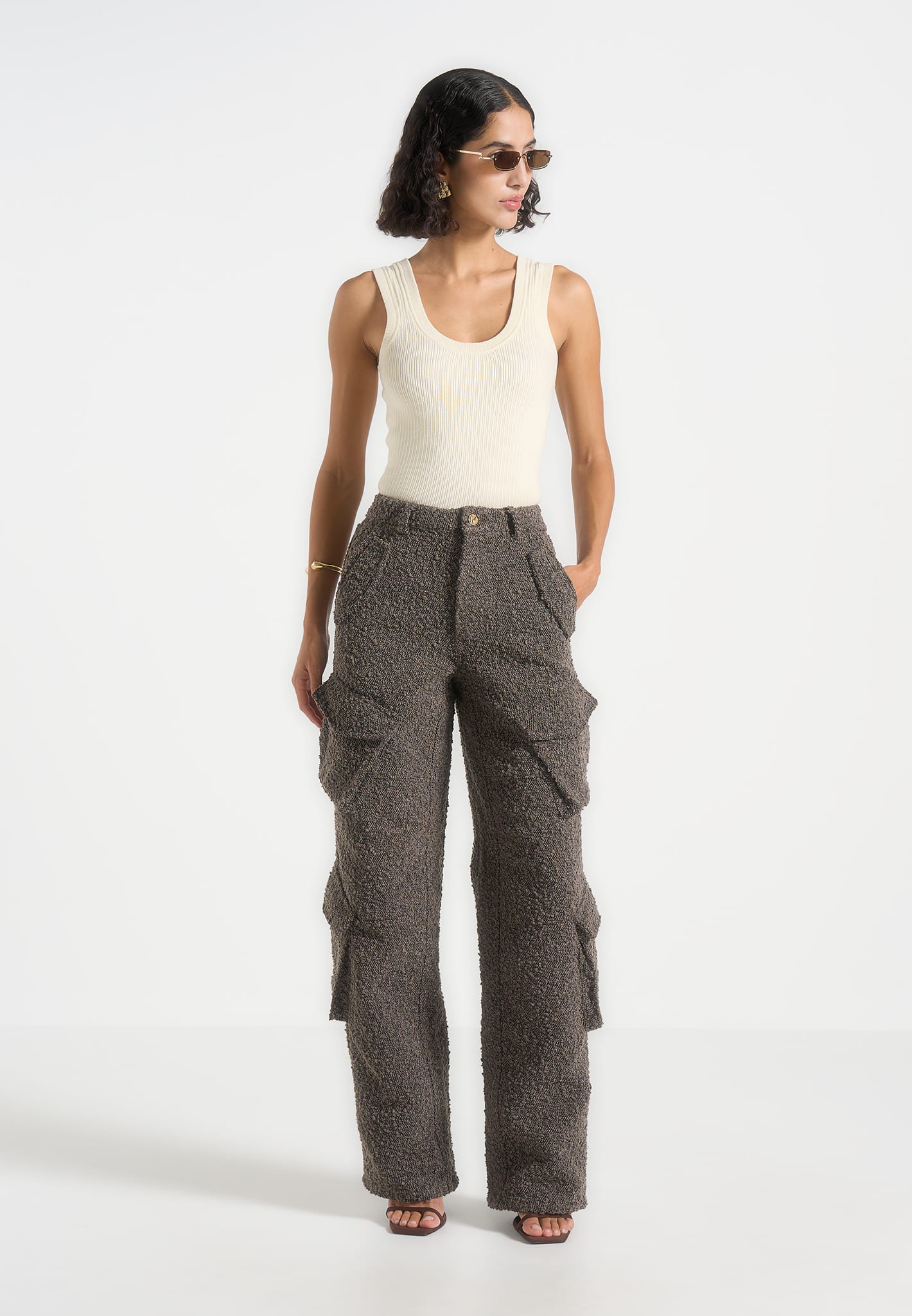 Anne - High Waisted Boucle Denim Cargo Pants - Brown 