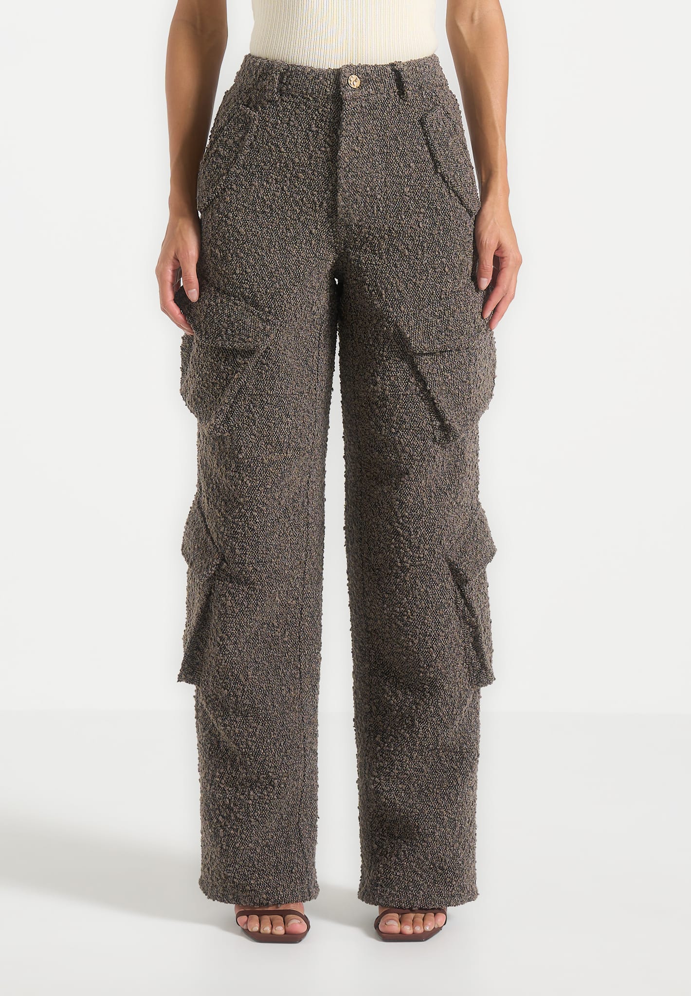 Anne - High Waisted Boucle Denim Cargo Pants - Brown 