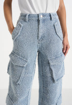 Anne - Denim High Waisted Boucle Cargo Pants - Mid Blue