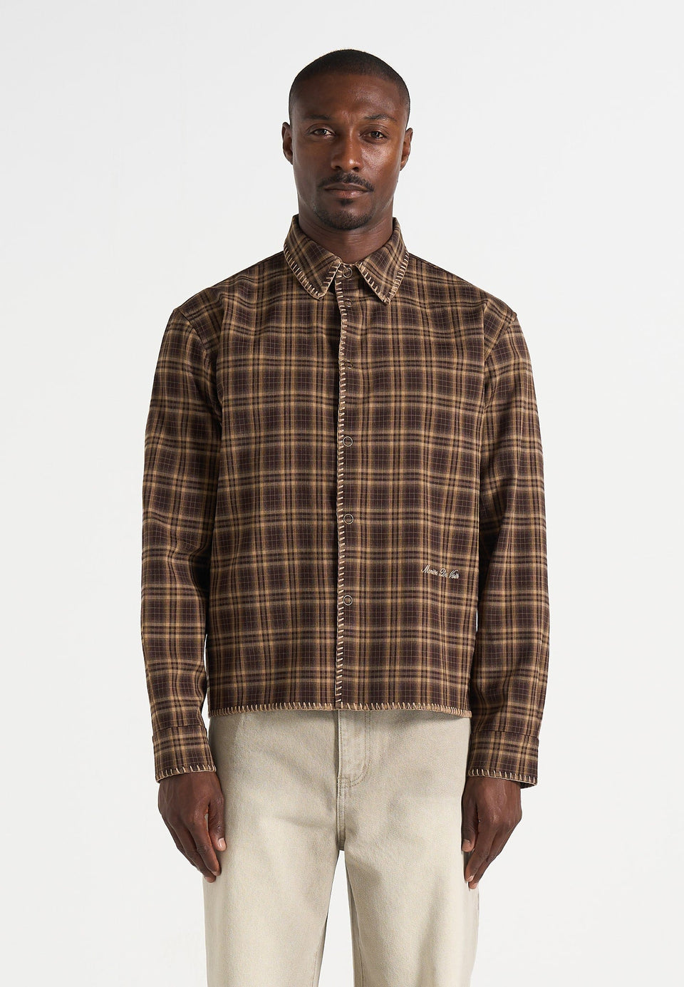 blake-unisex-whipstitch-check-shirt-brown