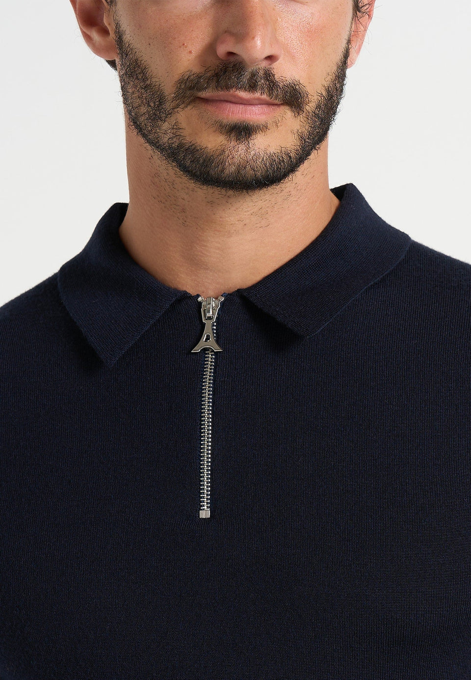 Gilles - Merino Wool Long Sleeve Polo Top With Zip - Navy