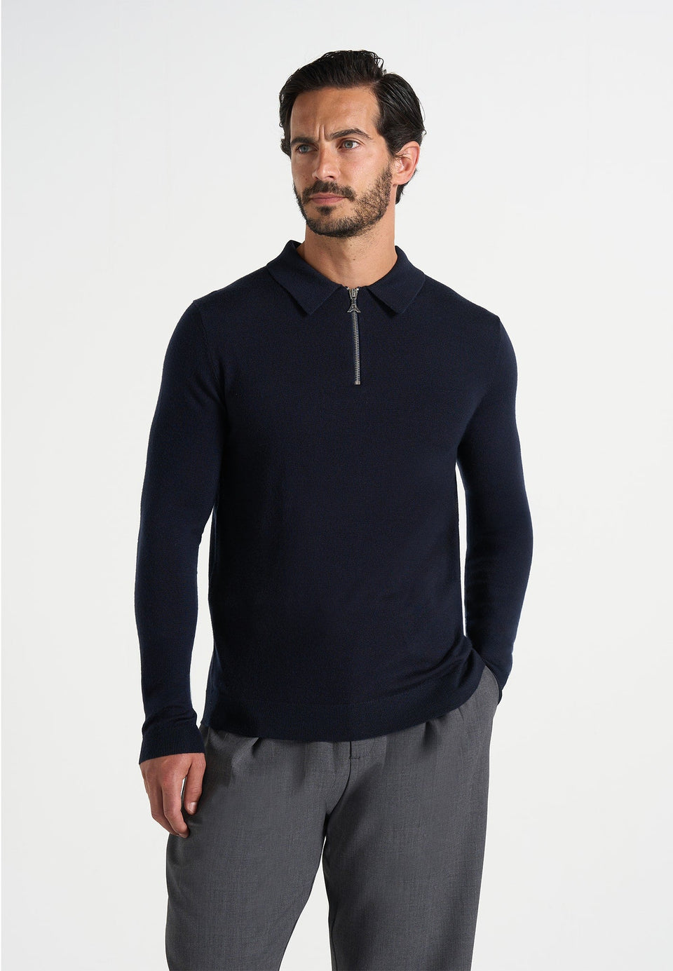 Gilles - Merino Wool Long Sleeve Polo Top With Zip - Navy