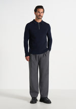 Gilles - Merino Wool Long Sleeve Polo Top With Zip - Navy
