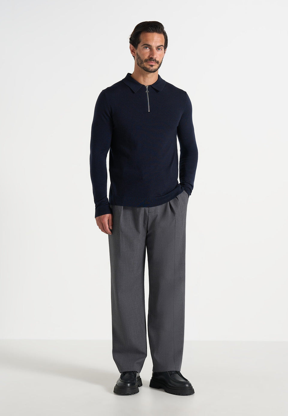 Gilles - Merino Wool Long Sleeve Polo Top With Zip - Navy