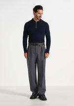 Gilles - Merino Wool Long Sleeve Polo Top With Zip - Navy