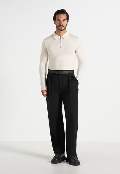 Merino Wool Long Sleeve Polo Top With Zip - Off White