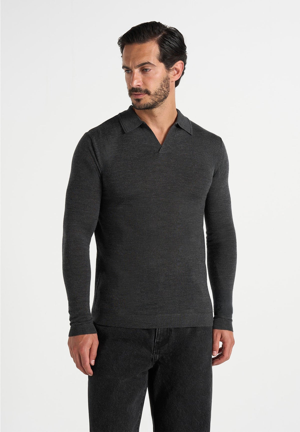 Lois - Merino Wool Long Sleeve Revere Polo Shirt - Grey