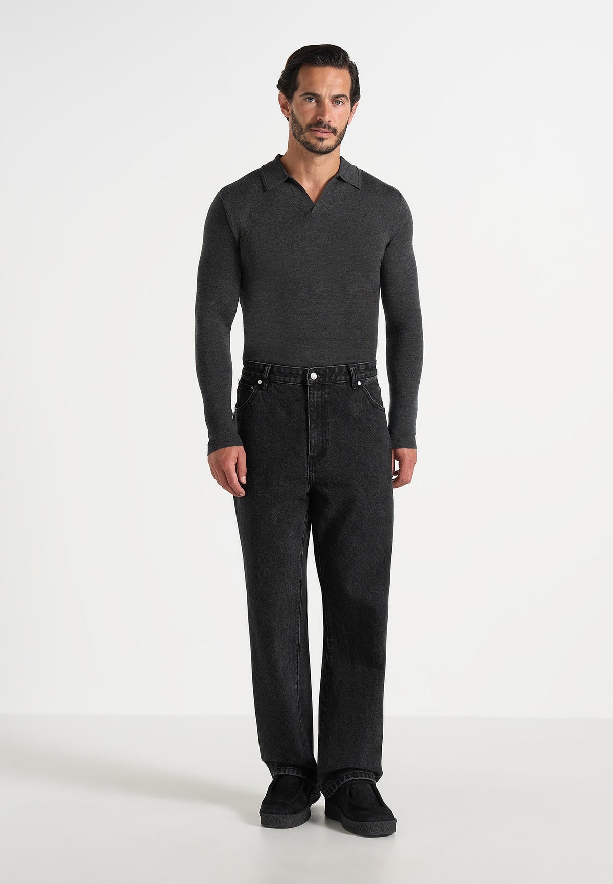 Lois - Merino Wool Long Sleeve Revere Polo Shirt - Grey