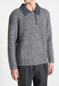 Boucle Knit Contrast Polo Jumper - Grey
