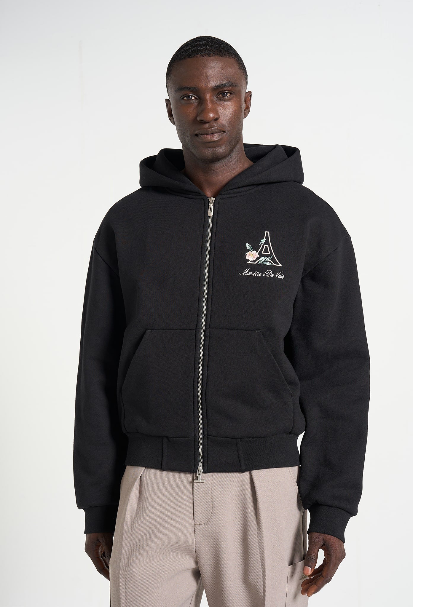 JS009 - Unisex Floral Eiffel Zip Hoodie - Black