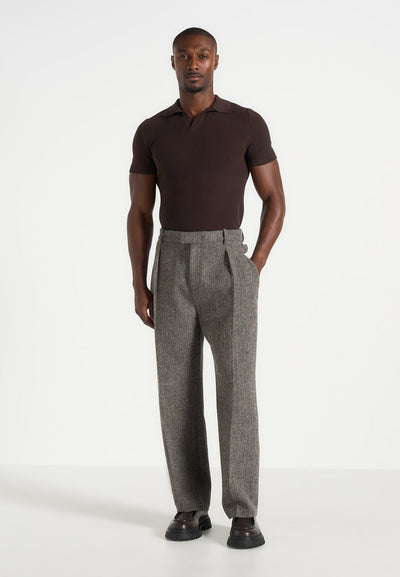 Dorian -  Herringbone Wool Pleated Pants - Grey
