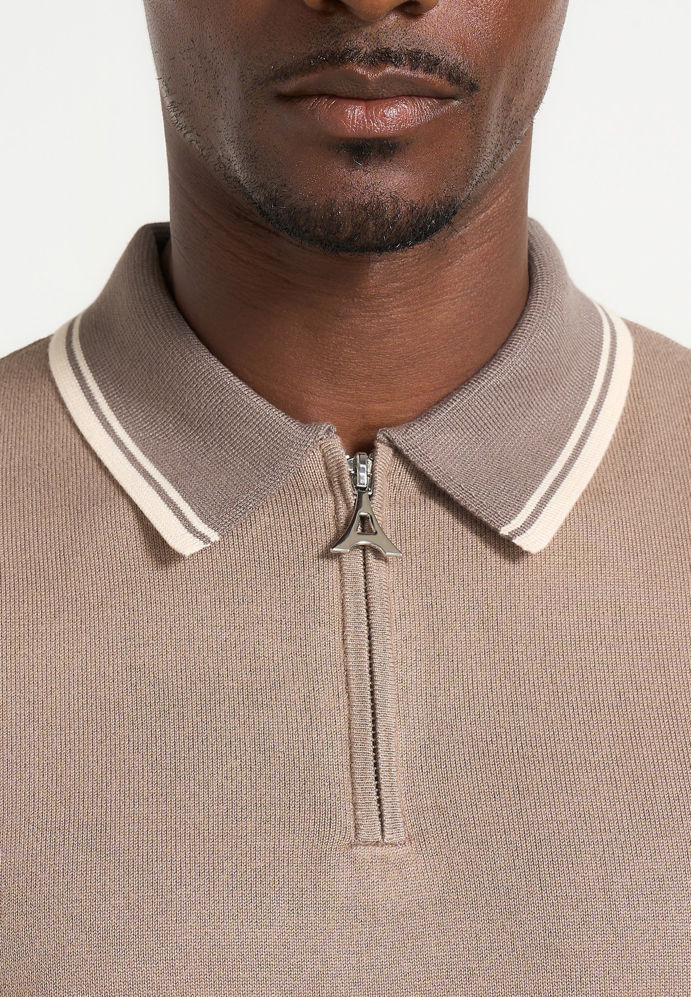 Cole - Colour Block Zip Polo Shirt - Taupe