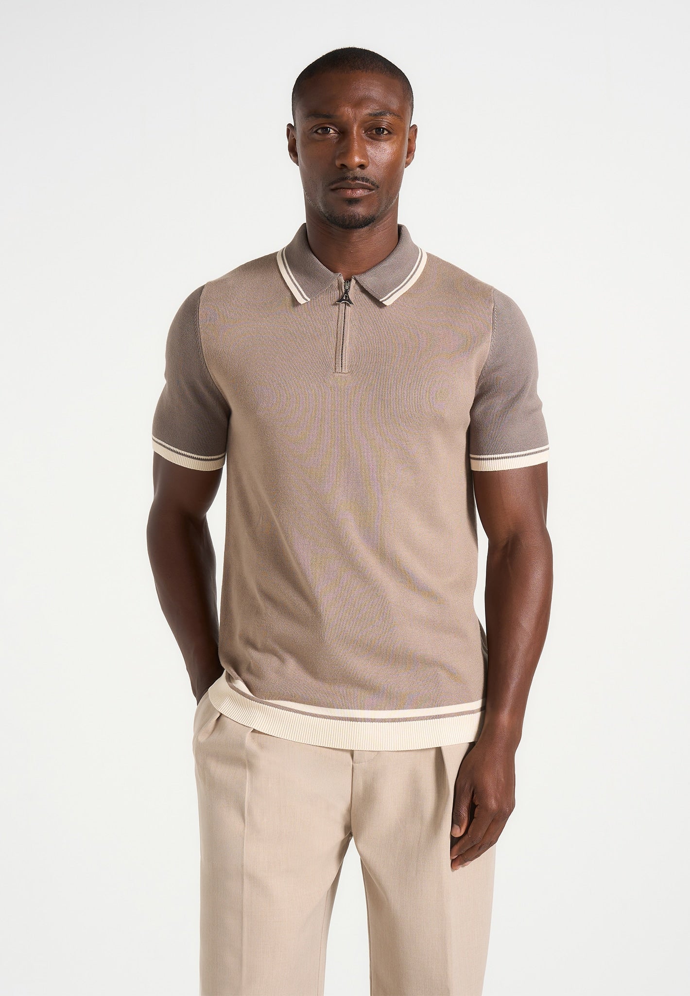 Cole - Colour Block Zip Polo Shirt - Taupe