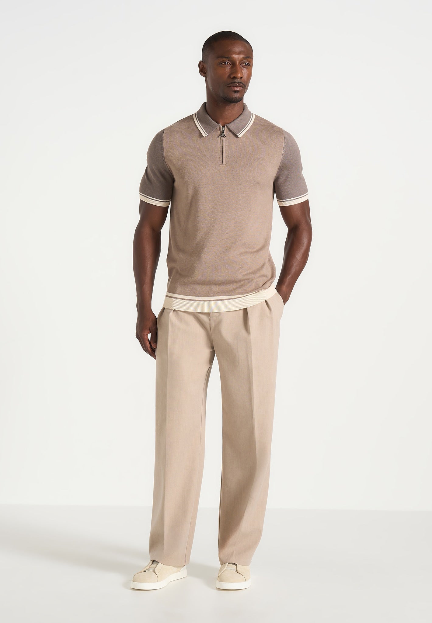 Cole - Colour Block Zip Polo Shirt - Taupe