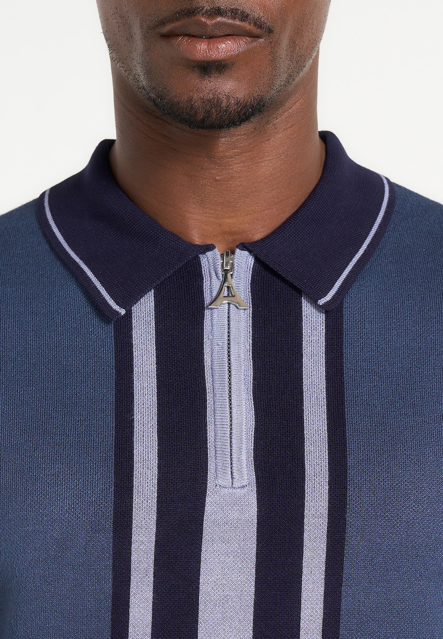 Daniel - Contrast Border Knit Zip Polo Shirt - Blue
