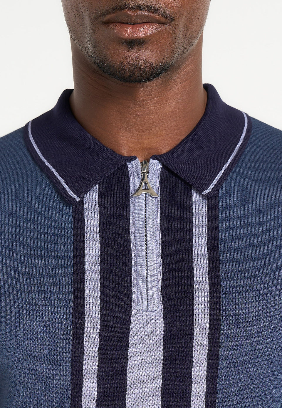 Daniel - Contrast Border Knit Zip Polo Shirt - Blue