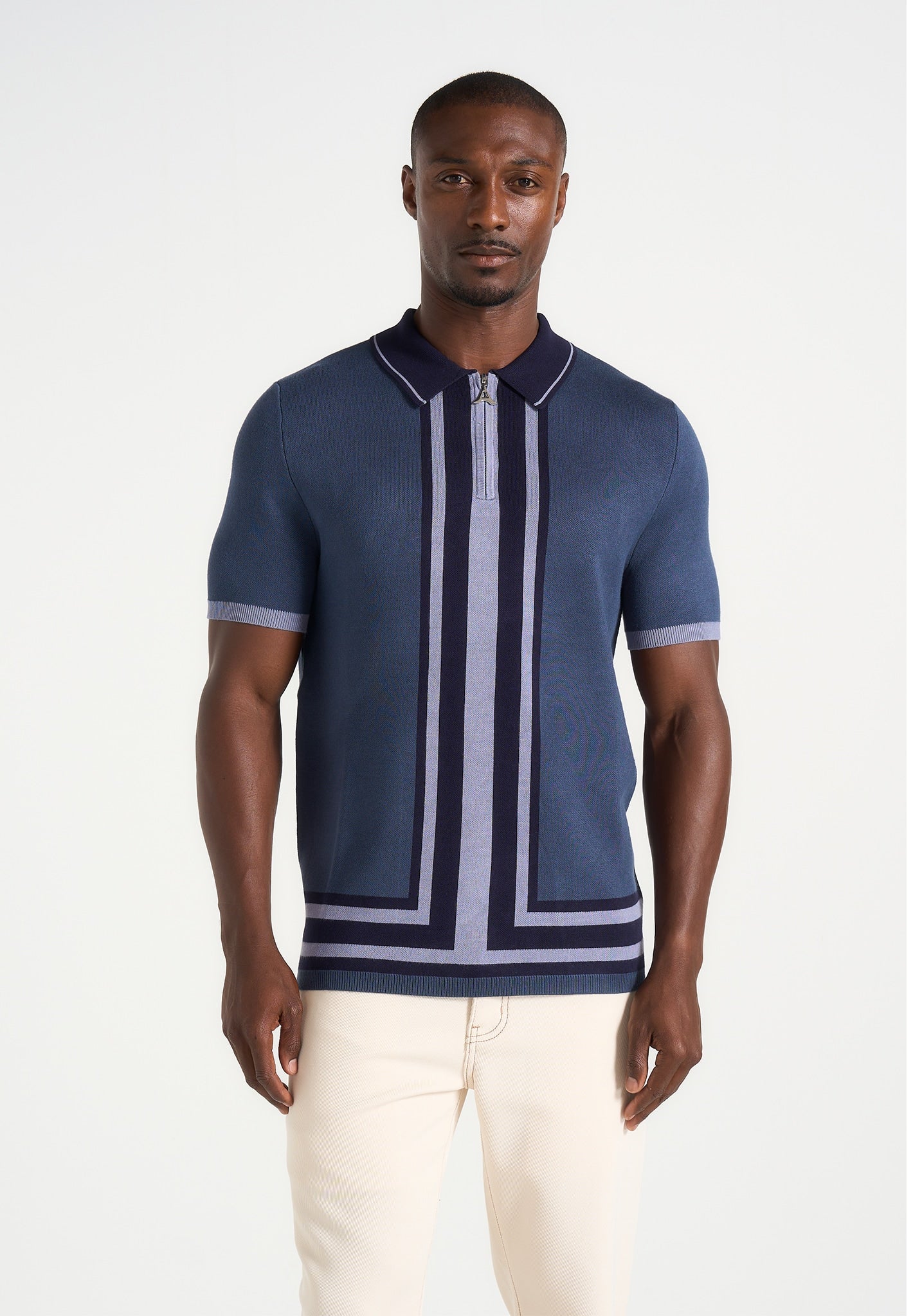 Daniel - Contrast Border Knit Zip Polo Shirt - Blue