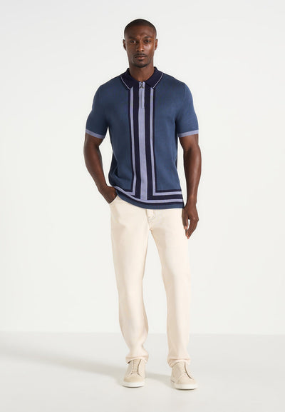 Daniel - Contrast Border Knit Zip Polo Shirt - Blue