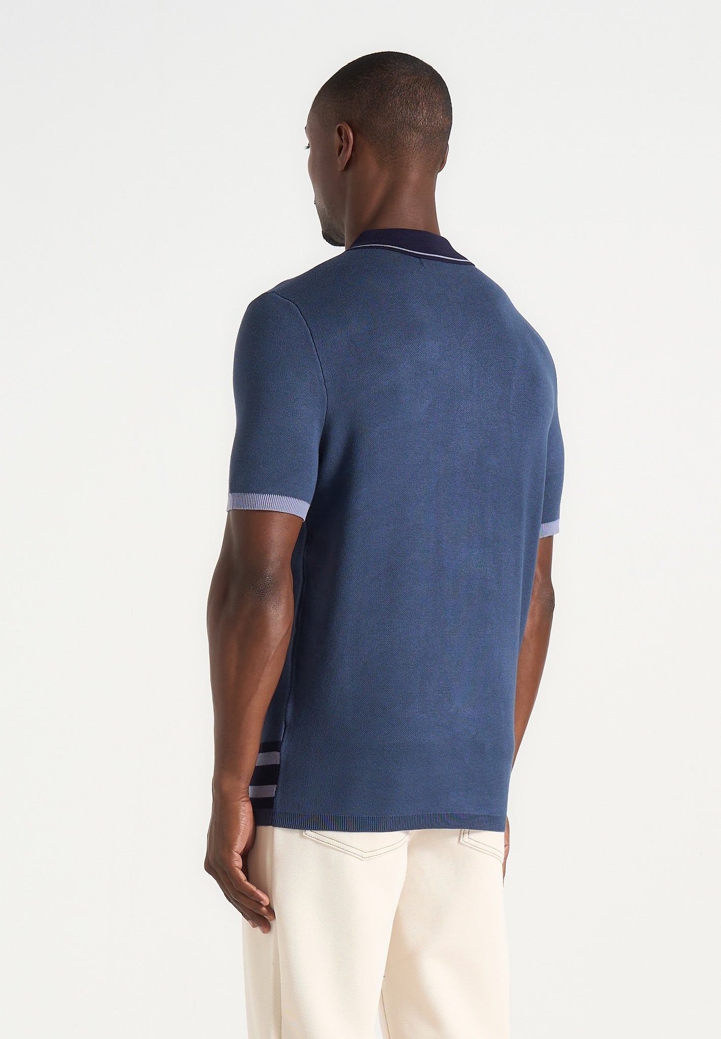 Daniel - Contrast Border Knit Zip Polo Shirt - Blue