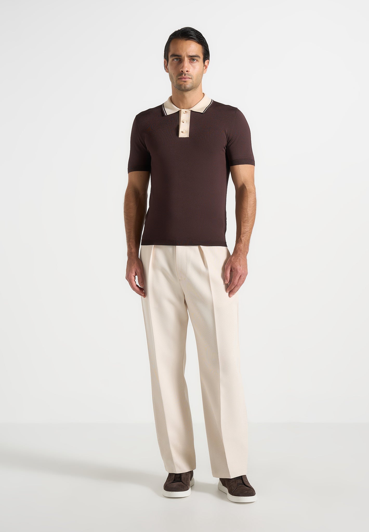 Roux - Contrast Detail Luxe Knit Polo Shirt - Brown 