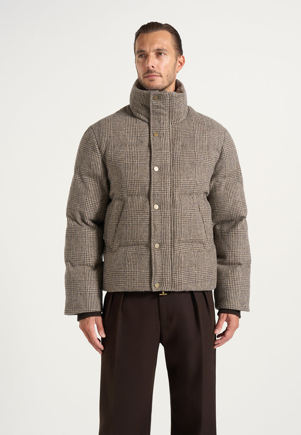 Tate - Check Wool Puffer Jacket - Brown