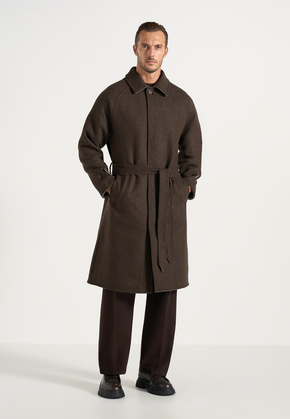 Alfie - Reversible Belted Wool-Blend Car Coat - Brown / Taupe