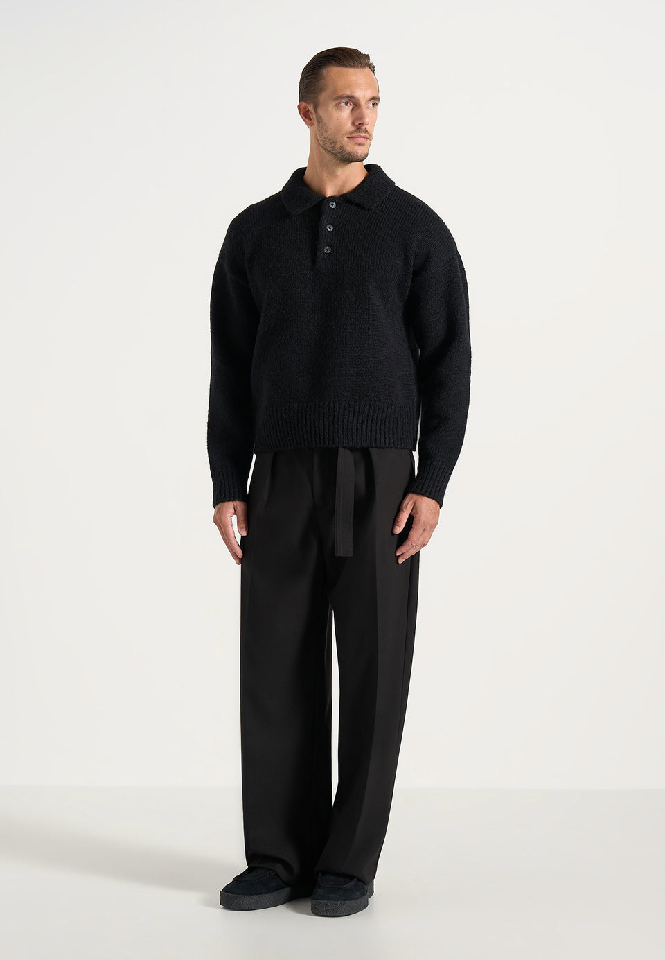 Finn - Brushed Wool-Blend Polo Knit Jumper - Black