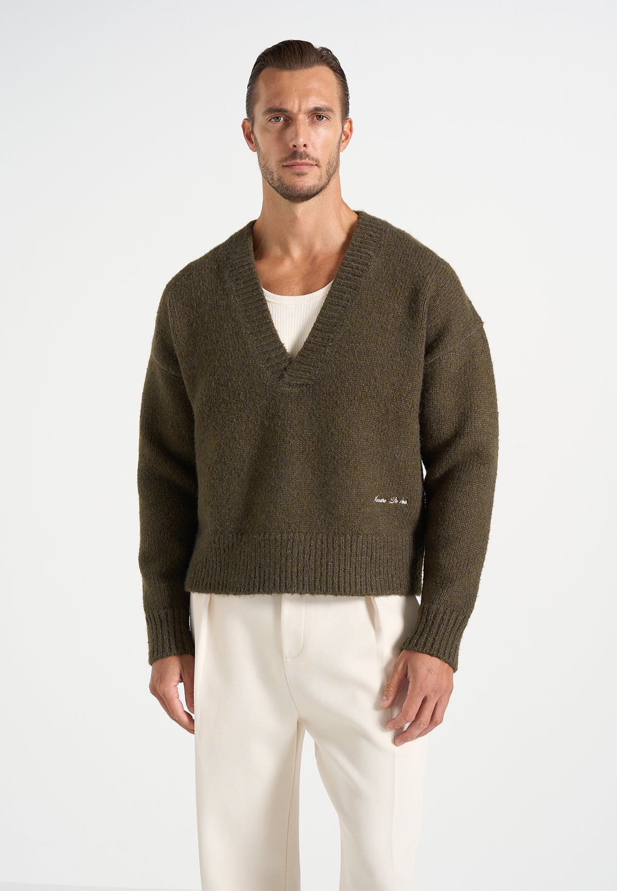 Chad - V-Neck Wool-Blend Knit Jumper - Olive