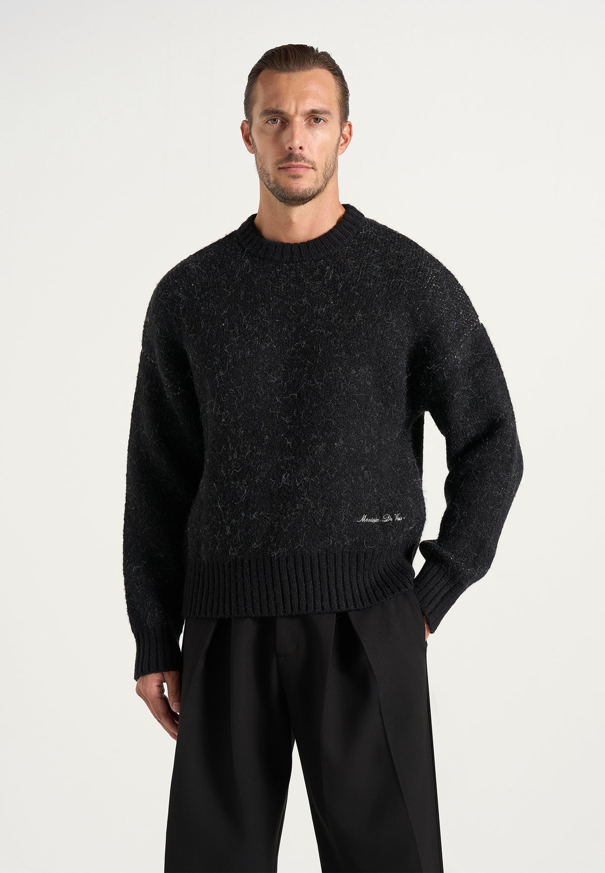 Kamil - Art Slogan Speckled Brushed Wool-Blend Knit Jumper - Black