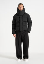 Bradley - Unisex Cropped Raglan Wrap Neck Puffer Jacket - Black