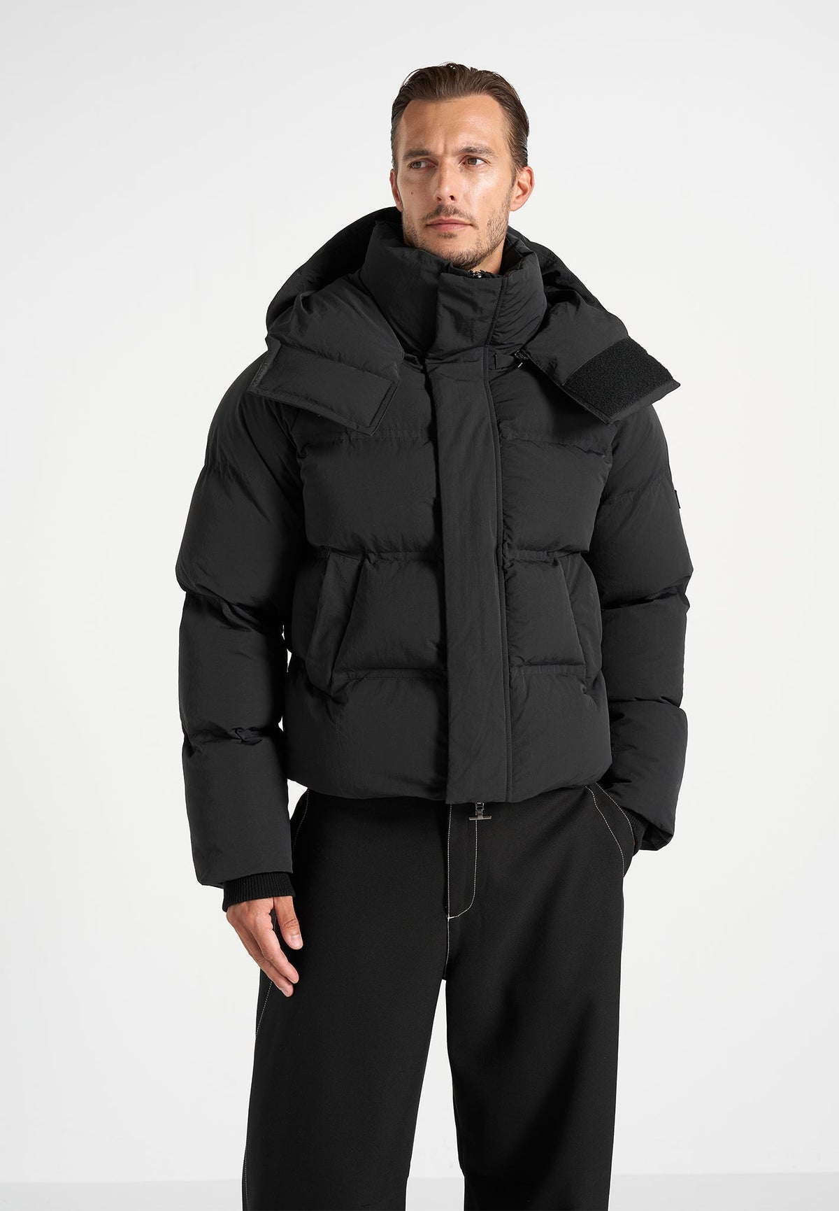 Bradley - Unisex Cropped Raglan Wrap Neck Puffer Jacket - Black
