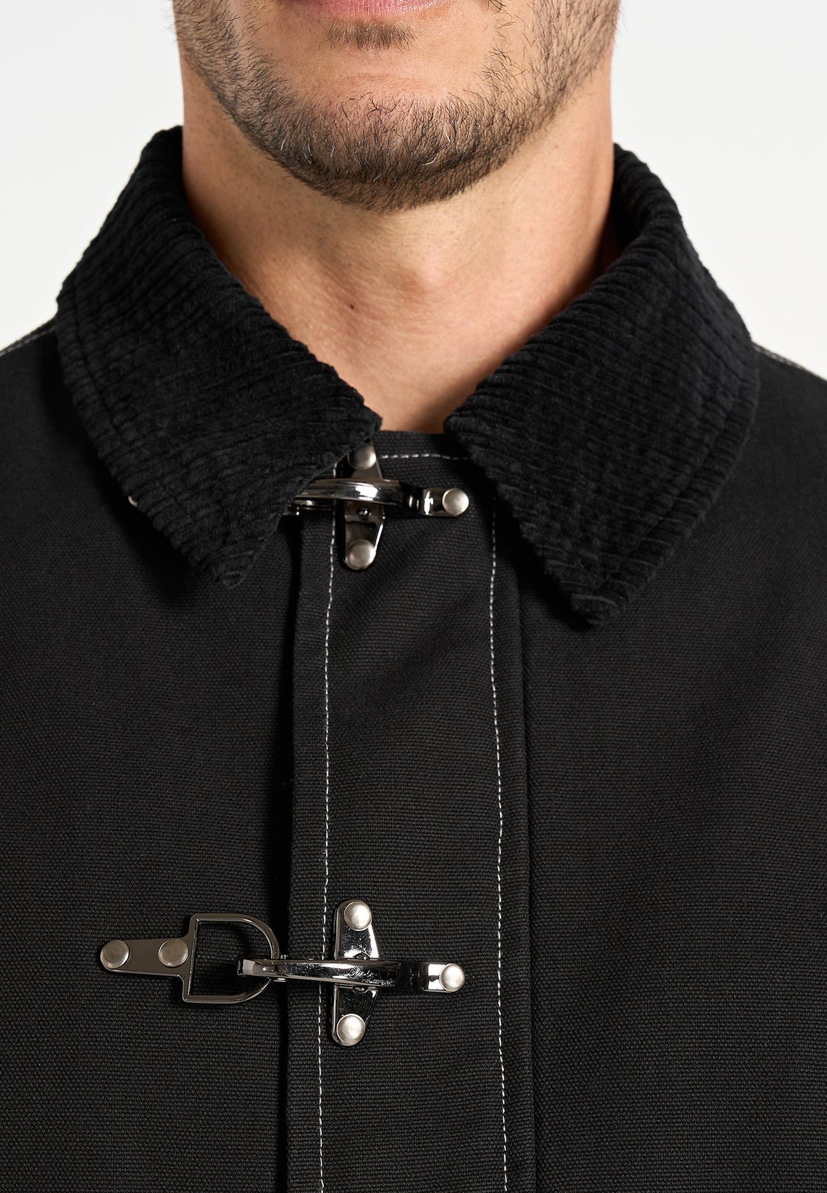 Nino - Unisex Clasp Detail Contrast Stitch Gabardine Jacket - Black