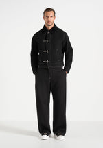 Nino - Unisex Clasp Detail Contrast Stitch Gabardine Jacket - Black