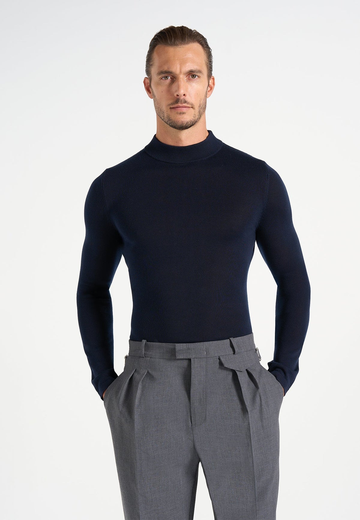 KW003 - Fitted Mock Neck Wool-Blend Jumper - Navy
