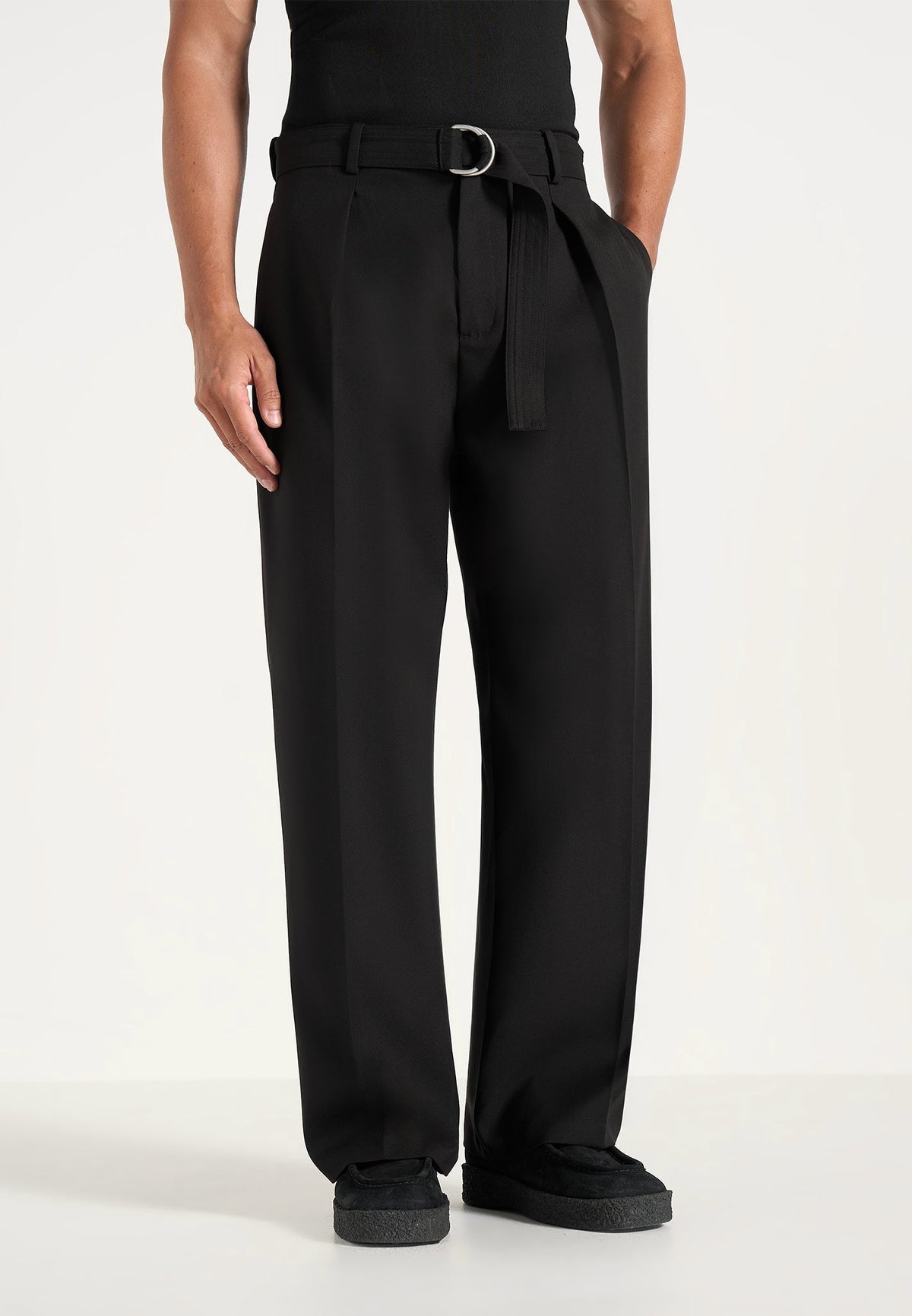 Loic - Wide Leg Tailored Wool-Blend Pants With Belt - Black