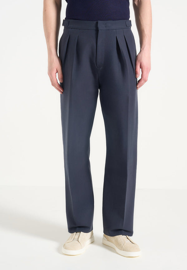 Nolan - Twin Pleat Chino Trousers with Stitch Detail - Navy